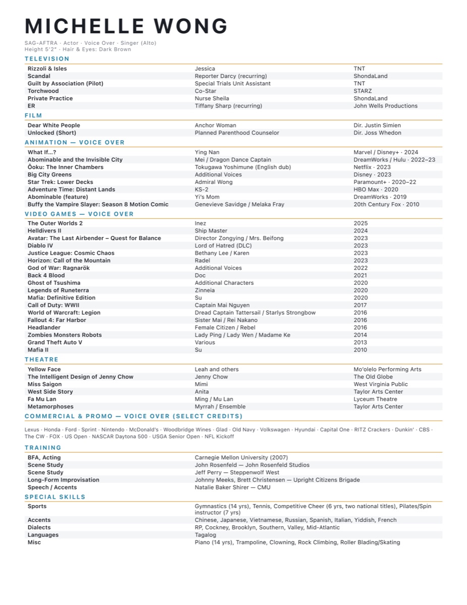 Michelle Wong's acting resume